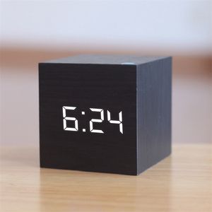 Qualified Digital Wooden LED Alarm Clock Wood Retro Glow Desktop Table Decor Voice Control Snooze Function Desk Tools 210804