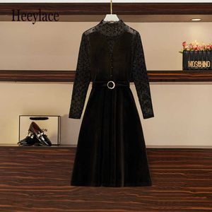 Plus Size Women Spring Autumn Mesh Patchwork Velvet Dress Women Long Sleeve Elegant Vintage Korean High midja A-Line Dresses Y1006