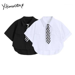 Yitimuceng Black Blouse Mulheres Tie Button Up Camisetas Manga Curta Coleira De Colares Verão Coreano Fashion Tops 210601