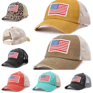 Regulowany Ripped Hole Baseball Ball Hat Lato Unisex Snapbacks Patchwork Sport Caps Ponytail Kapelusze Dzień Niepodległości US Flaga Haftowany daszek G68Q4um