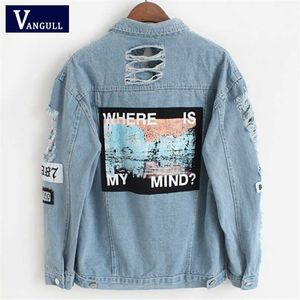 Vangull Women Frayed Denim Bomber Jacket Appliques Print Long Sleeve Lady Vintage Elegant Denim Coat Spring Fashion Hole Outwear 211025