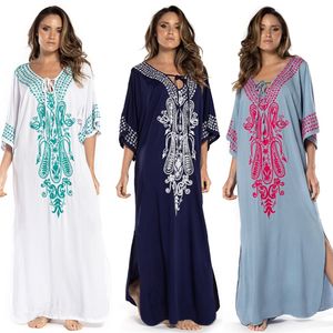 2021 인디 민속 레이스 V-Neck Batwing Sleeve 여름 해변 드레스 튜닉 여성 비치웨어 Kaftan Maxi Dress Robe Sarong N775 210224