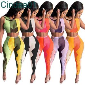 Women Two Piece Pants Suit Designer Clothing Sexy Sleeveless Vest Trousers Casual Mesh Irregular Colour Stitching Plus Size Sportwear