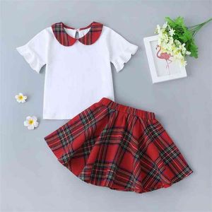 Yaz çocuk setleri casual kızlar kısa kollu turn-down yaka beyaz t-shirt kırmızı ekose etek giysileri 18m-6t 210629