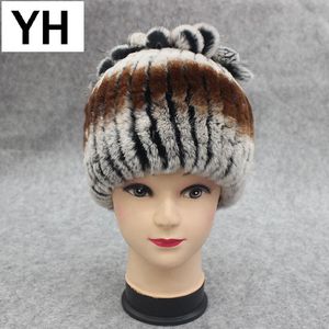 HBP Beanie/Skull Caps Women äkta Rex Fur Hat Winter Beanies Cap Randig huvud Top Flower Warm Real Sticked