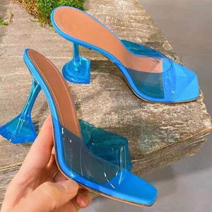 Sandaler Transparent Crystal Heel Slippers Women Summer Style Amina Fashion Wine Glass With Square Toe
