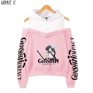 Genshin Impact Crop Shoulder Hoodies Damen Sweatshirts Pullover Off-Shoulder Harajuku Mädchen Kapuzenmode Trainingsanzug Übergroß Y0820