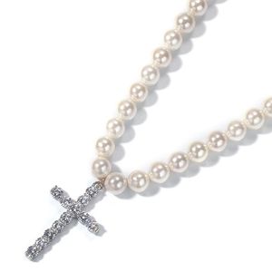 Pendant Necklaces Hip Hop CZ Stone Bling Iced Out Cross Pendants Necklace With Pearl Beaded Link Chain For Men Rapper Jewelry