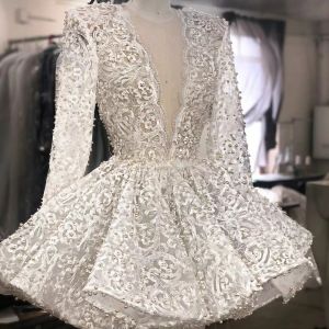 Real Image Lace Cocktail Dresses Long Sleeves Beaded Mini Skirt Short Prom Gowns Deep V Neck Celebrity Dress CG001