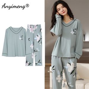 5XL Pajamas for Women Autumn Winter Pajama Set Floral Printing Elegant Sleepwear Cotton Womens Pijama Lady Loungewear 211215