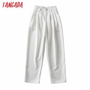 Tangada 패션 여성 캐주얼 긴 정장 바지 바지 포켓 버튼 레이디 바지 Pantalon 2T3 210609