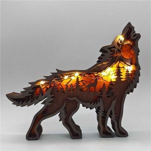 Weihnachtsdekoration Hölzerner ausgehöhlter kleiner Wolf LED-Licht Nette Desktop-Ornamente Wohnkultur Zubehör 211108