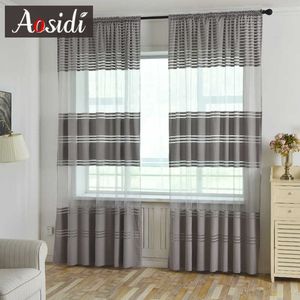 Modern Solid Striped Tulle Curtain For Living Room Window Luxury Semi Sheer Curtain For Bedroom Treatments Voile Drapes Fabric 210712