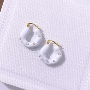 Stainless steel enamel oil dripping small pearl C-shaped stud earrings cream colored circle jewerly for woman