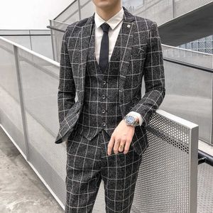 Mens ternos com calças vestido de casamento ternos xadrez para homem jaquetas + calças 2 peças de alta qualidade homens fino fit ternos inteligentes x0909