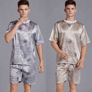 2 stücke Männer Pyjama Set Druck Satin Männer Pyjamas Anzug Kurzarm Shorts Seide Pyjama Mann Nachtwäsche Frühling Pyjama Männliche nachthemd 210901