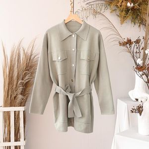 Women's Trench Coats Office Ladies Jacket Lapel Tie Knitted Cardigan French Brand Buttons With Letters Elegant Clothes Women Coat