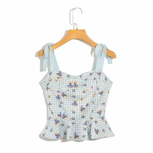 Chic Adjust Spaghetti Straps Camis France Ruffles Women Tank Top Sexy Blue Floral Print White Sleeveless Tee 210531