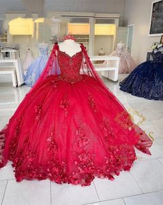 赤い恋人プリンセスボールガウンビーズ3D花Quinceaneraドレスケープスウィート15 ドレスプロドレスローブデバル