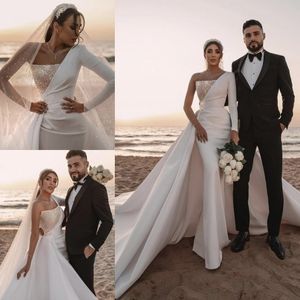 Dubai Arabic Middle East Plus Size Mermaid Wedding Dresses Long Sleeve Sequins Pearls Satin Chapel Train Wedding Dress Bridal Gowns