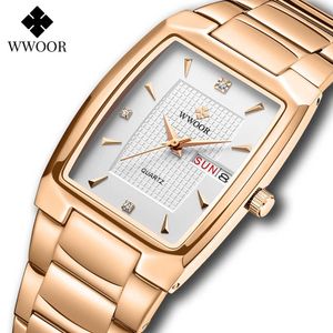 WWOOR Mens Watches with Stainless Steel Luxury Brand Square Quartz Watch Men Automatic Week Date Waterproof Wrist Watch 210527