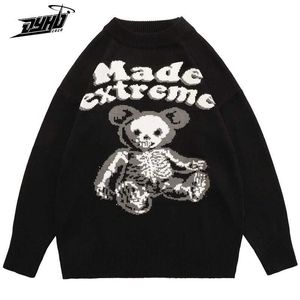 Mens Oversized Sweater Bear Skelett Stickad tröja Höst Vintage Streetwear Retro Pullover Kvinnor Bomull Knitwear Unisex 210929