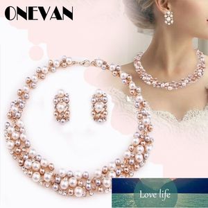 Simple Imitation Pearl Elegant Bridal Jewelry Crystal Necklace Earrings for Girl Party Gift Rhinestone Engagement Jewelry Sets Factory price expert design
