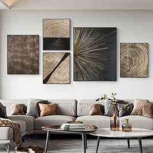 Wall Prints Abstract Retro Black Gold Wood Art Posters 3D Tree Ring Radial Lines Nordic Canvas Picture Home Room Decor Paintings 210310