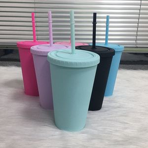 16oz Acrylic Tumblers Matte Skinny Tumbler Double Wall Coffee Milk Mug Wine Cup Drinking Bottle With Straws 6 Colors