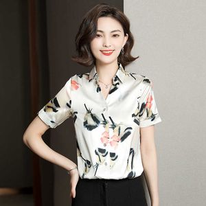 Summer Korean Fashion Satin Bluzki Kobiety Elegancka Kobieta Biuro Lady Kwiatowe Koszule Plus Rozmiar XXXL Button Up Shirt Ladies 210531