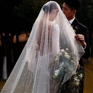 1-Tier Cathedral Wedding Veil with Pearl Beads, Soft Tulle Bridal Veil in White or Ivory, Handmade Headwear Accessories (3 Yards)