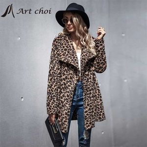 Grube Winter Women Casual Eleganckie Faux Fur Leopard Kurtka Ciepłe Kartacji Kobiet Pluszowe Płaszcze Bluza Odzieżowiec Płaszcz 211110