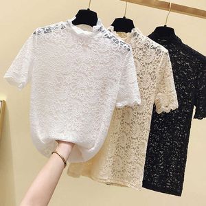 Fashion Ladies Clothes Half Turtleneck Hollow Out Shirt Women Summer Tops Lace Blouse Short Sleeve Womens Blouses Shirts 210615