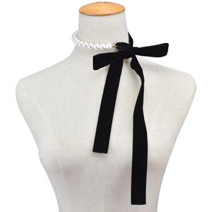 Fashion Sweet Black Velvet Bow Double Choker Necklace Simple Bowknot Pearl Clavicle Chain Collar for Women Lady Jewelry