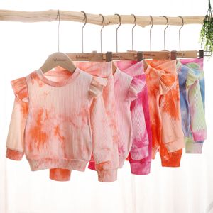 1-4 år nyfödda spädbarn baby flickor kläder sätter ruffles långärmad slips färgämnen t-shirts + byxor mode barn flickor kläder grossist