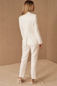 Nowe wiosenne mody białe spodnie ślubne garnitury v szyja długie rękawowe sukienki na bal