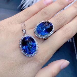 Luxury Diana Lab Sapphire Diamond Jewelry set 925 Sterling Silver Engagement Wedding Rings Necklace For Women Bridal Gift