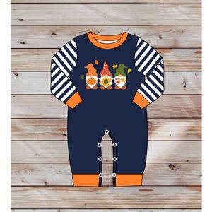 Höstkläder Pojke Navy Blå Striped Långärmad Tre Gamla Män Holding Pumpkins Broderade Toddler Romper 211011