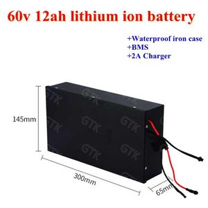 GTK Waterproof 60v 12ah lithium ion battery 18650 battery pack for electric motorcycle skateboard power wheelchair+2A Charger