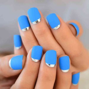 False Nails Sky Blue Full Nail Kit False Tips Press Ons Short for Diy Art Salon Fake Extension with Glue Adhesive Matte Squoval 220225