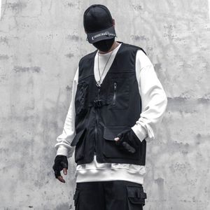 Herrvästar Multi Fickor Techwear Tactical Functional Waistcoat Streetwear Hip Hop Cargo Vest Zipper Ärmlös Jacka Män Outwear