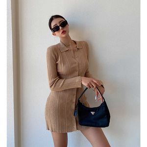 WOMENGAGA Slim Thin-breasted Bottoming Knitted Mini Dress Autumn Winter Solid Color Lapel Sexy Knitting Base Dresses Korean YZE2 210603