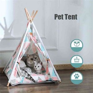Pet Tent House Cat Bed Portable Teepee Thick Cushion Available For Dog Puppy Excursion Outdoor Indoor Portable Linen Pet Tent 210915