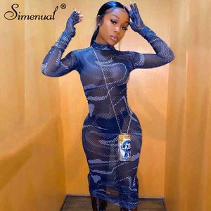 Simenual Mesh See Through Sexy Hot Maxi Dress Women Long Sleeve with Gloves Party Clubwear Print 2021 Hollow Out Bodycon Dresses X0521