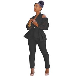 Women Suits Office Sets V Neck Patchwork Cold Shoulder Lace Sleeves Blazer Long Pant Suit Casual Outfit Set 220315