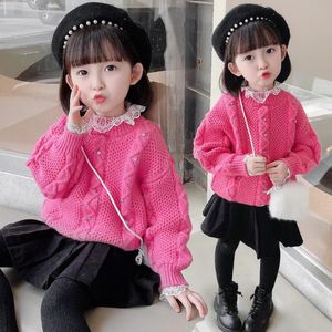 Pullover baby girls högkvalitativa tröja rosa färg spets krage kläder höst vinter stickad toddler barn söt kostym 2-11yrs