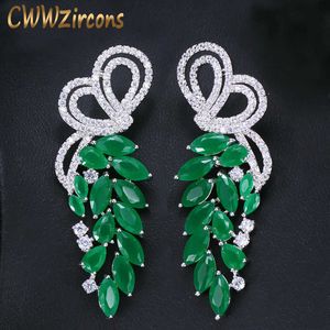 Elegante foglia a forma di micro pavé di zirconi cubici e cristallo verde color argento a goccia lunga orecchino per costume da donna CZ268 210714
