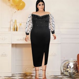Strapless Beaded Plus Size Dresses Women Black Bodycon Puff Sleeve Midi Split Evening Party Occasion Vintage Event Robes 3XL 4XL 210527