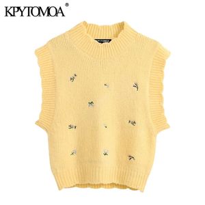 KPYTOMOA Women Sweet Fashion Floral Embroidery Knitted Vest Sweater Vintage High Neck Sleeveless Female Waistcoat Chic Tops 211008