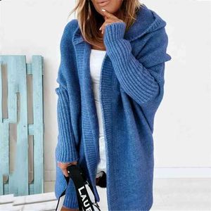 Autumn Winter Casual Soft Knitting Sweaters Female Batwing Sleeve Loose Jumpers Top Elegant Solid Hooded Knitted Cardigan 210922